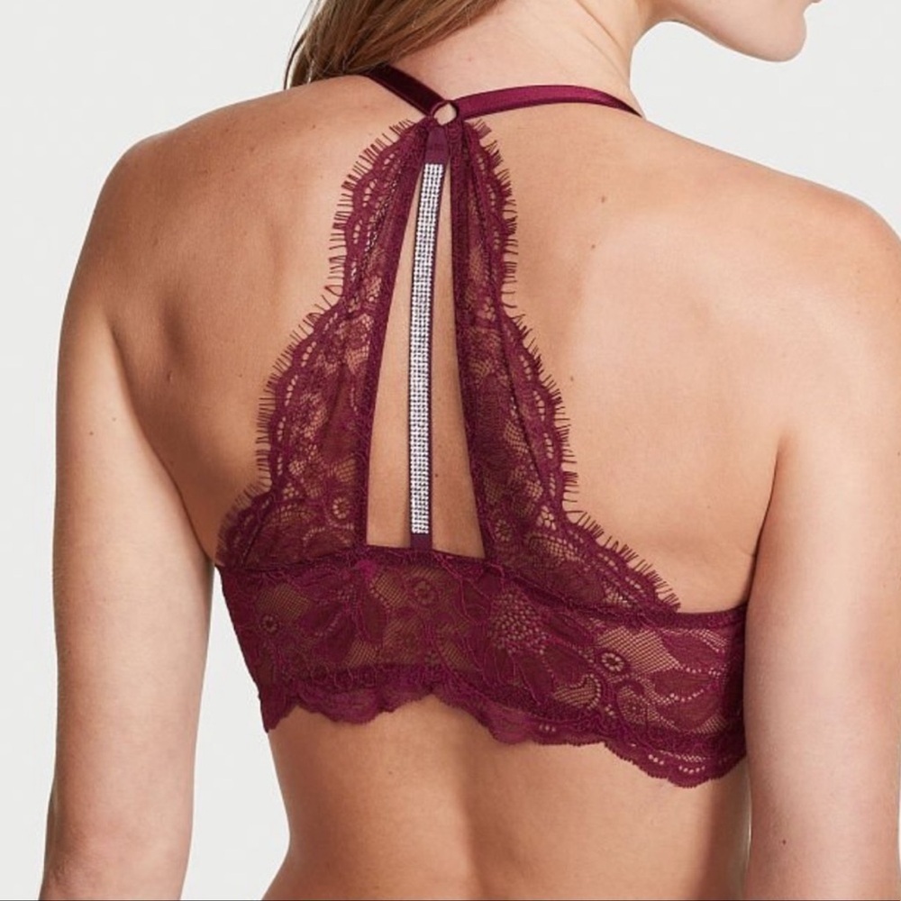 VS Front Close Eyelash Lace Shine Racerback Push Up Bra Burgundy Sz. 36D